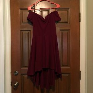 Windsor maroon high/low off the shoulder dress.